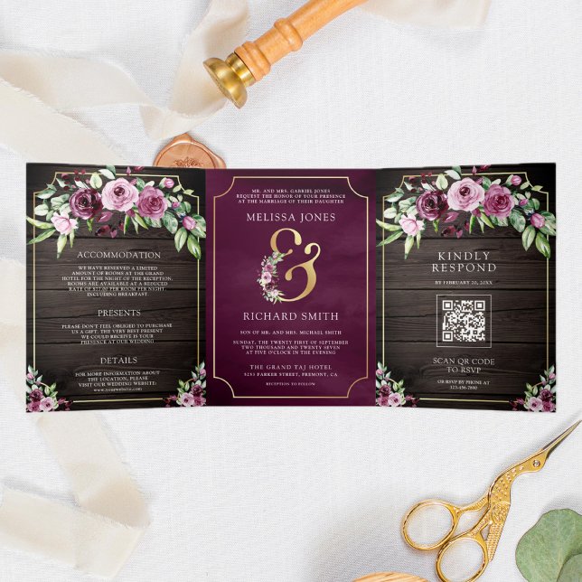 Pink Lila PflaumenAmpersand Holz QR Hochzeit Dreifach Gefaltete Einladung (Von Creator hochgeladen)