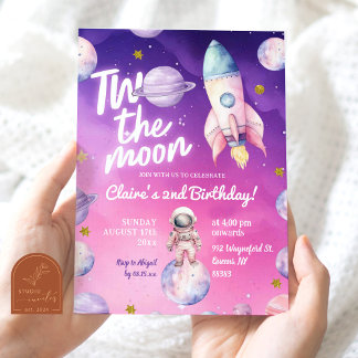 Pink Lila Planet Two The Moon Girl 2. Geburtstag Einladung