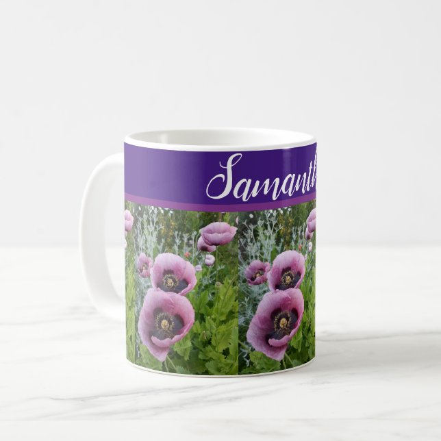 Pink Lila Poppy Blume Pappies Blumenstrauß Kaffeetasse (Vorderseite Links)