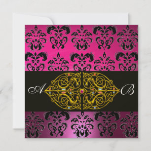 PINK LILA SCHWARZ DAMASK MONOGRAMM, Fuchsia, Gold Einladung