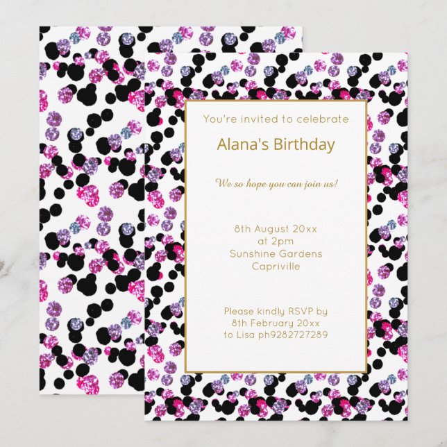 PINK LILA SCHWARZ LEOPARD SPOT GEBURTSTAG EINLADUNG (Vorne/Hinten)