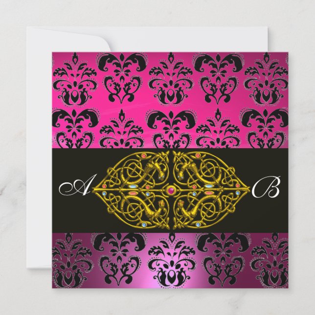 PINK LILA SCHWARZE DAMASK-MONOGRAMM, Gold Einladung (Vorderseite)