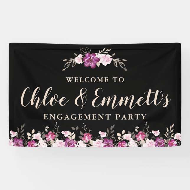 Pink Lila schwarzflorale Engagement-Partei Banner (Horizontal)