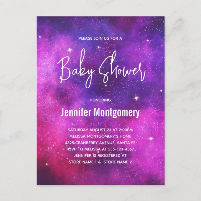 Pink & Lila Space & Stars Galaxy Babydusche Einladungspostkarte (Vorderseite)