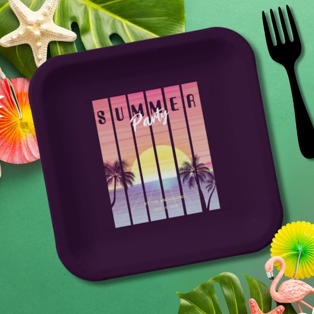 Pink-Lila-Synthwave-Sommerparty Pappteller (Von Creator hochgeladen)