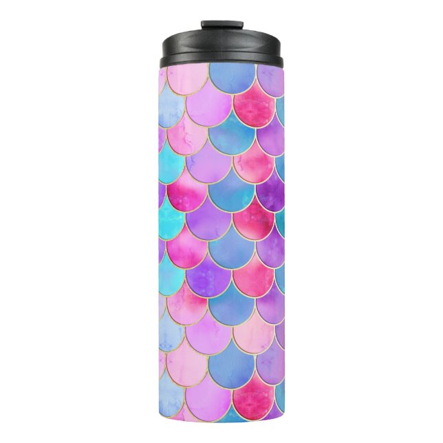 Pink, Lila und Aqua Mermaid-Muster Thermosbecher (Vorderseite)