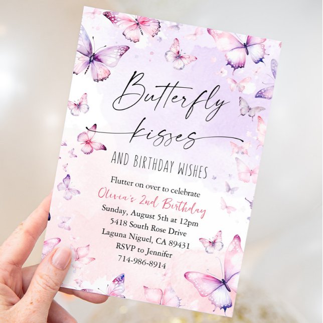 Pink Lila Watercolor Butterfly Kisses Birthday Einladung (Von Creator hochgeladen)