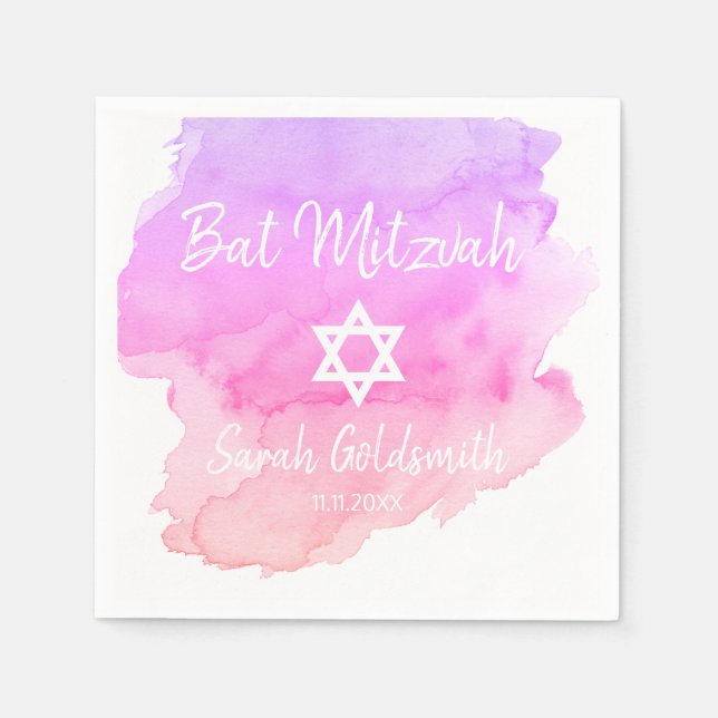 Pink Lila Watercolor Star von David Bat Mitzvah Serviette (Vorderseite)