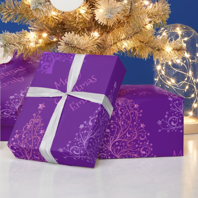 Pink Lila Weihnachtsbaummuster mit Name Geschenkpapier (Feiertage)