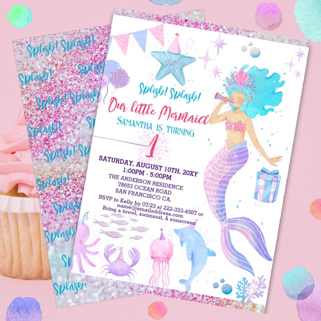 Pink Lila Whimsical Girl 1. Mermaid Geburtstag Einladung (Von Creator hochgeladen)
