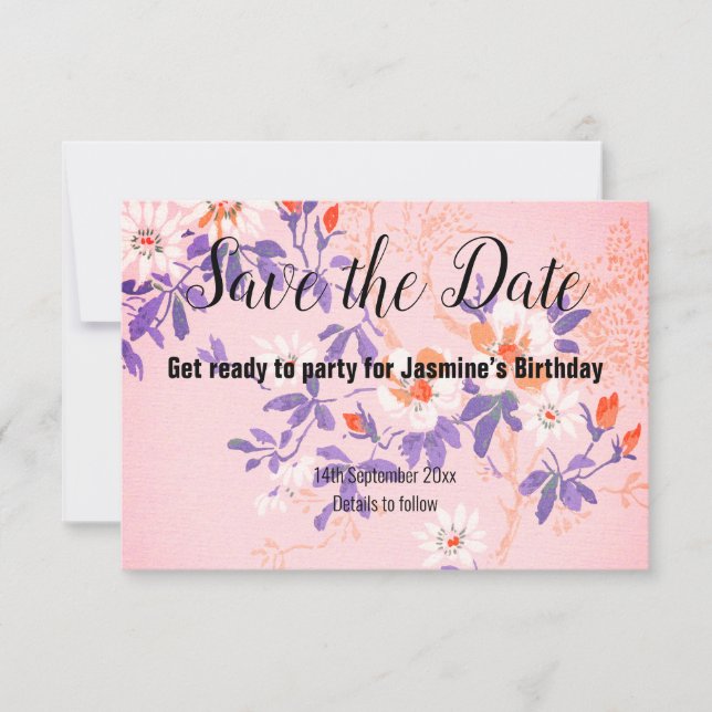 PINK LILA WHITE CHERRY BLOSSOM SAVE THE DATE RSVP KARTE (Vorderseite)
