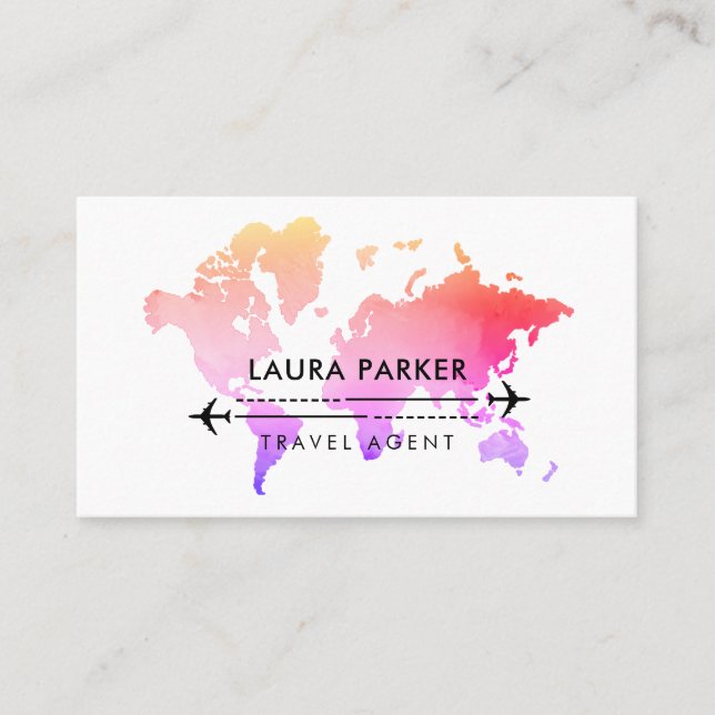 Pink Lila World Map Agent Urlaub   Visitenkarte (Vorderseite)
