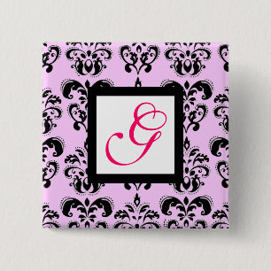 PINK LILAC BLACK DAMASK WHITE SQUARE MONOGRAMM BUTTON