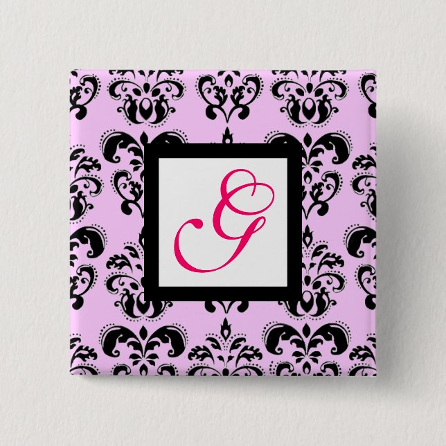 PINK LILAC BLACK DAMASK WHITE SQUARE MONOGRAMM BUTTON (Vorderseite)
