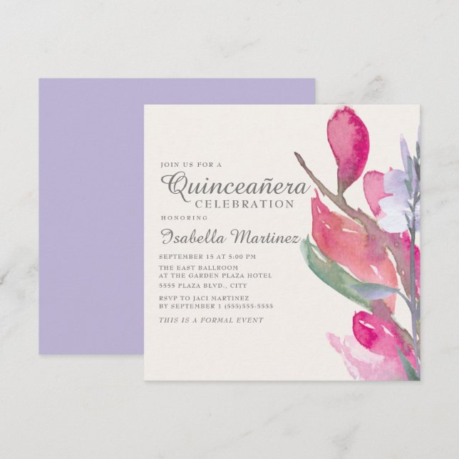 Pink Lilac Boho Aquarecolor Quinceañera Einladung (Vorne/Hinten)