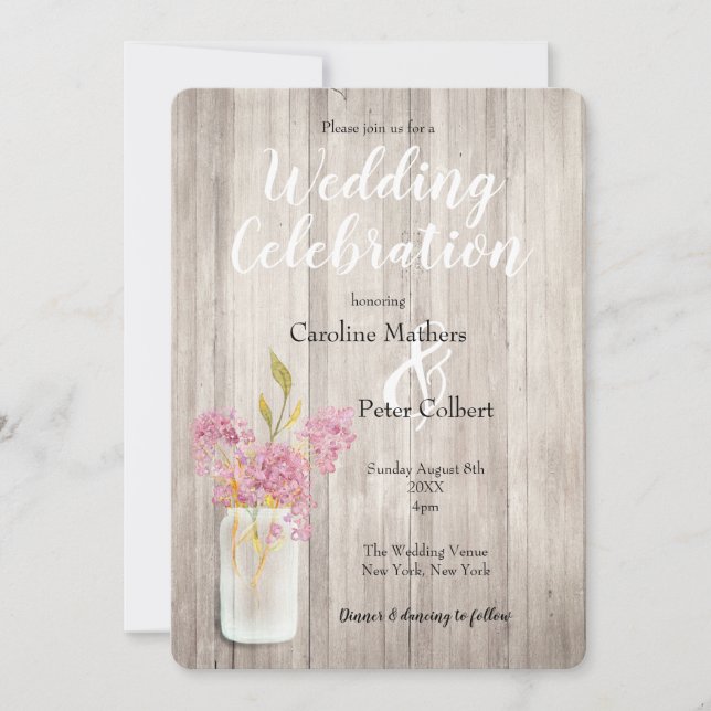 Pink Lilac Mason Jar Barn Wood Rustikale Hochzeit Einladung (Vorderseite)
