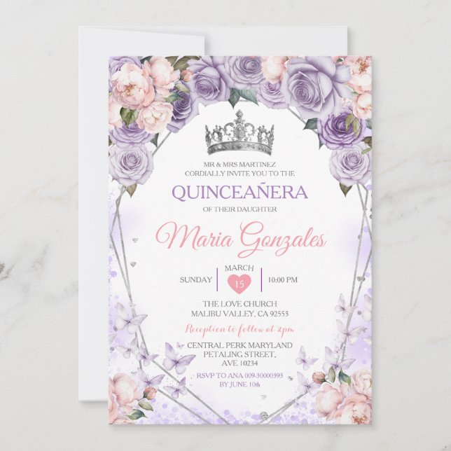 Pink Lilac Quinceañera Crown Mexican Butterfly Einladung (Vorderseite)