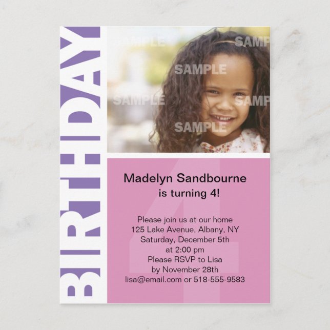 Pink Lilac Side Panel 4th Birthday Postcard Einladungspostkarte (Vorderseite)