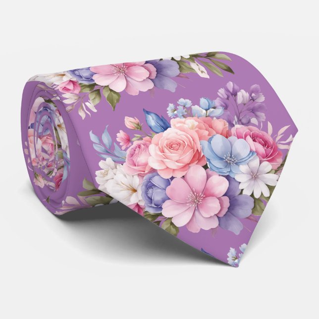 Pink Lilac Watercolor Blumenmuster Krawatte (Gerollt)