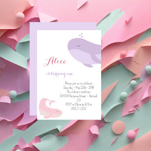 Pink Lilac Whale Sea Fish 1. Geburtstag Party Einladung