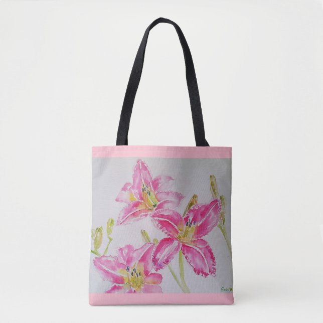 Pink Lilies Floral Aquarelle Sac fourre-tout (Devant)