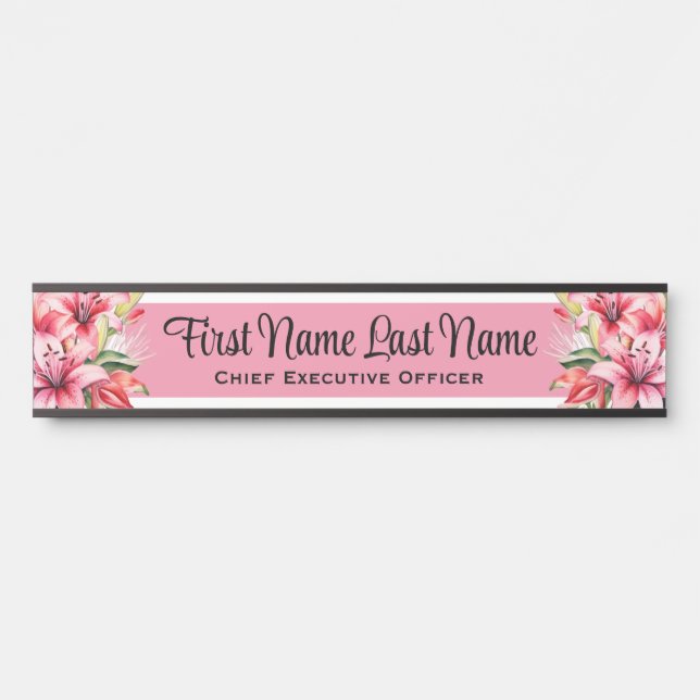 Pink Lillies Floral Porte Signes Nom Plaque (Devant)