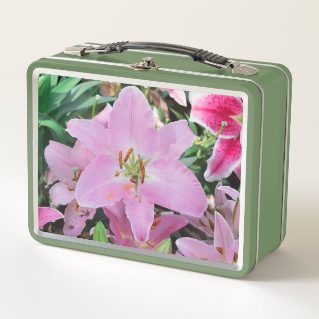 Pink Lilly Blume Sweet Riech Metall Brotdose (Vorderseite)