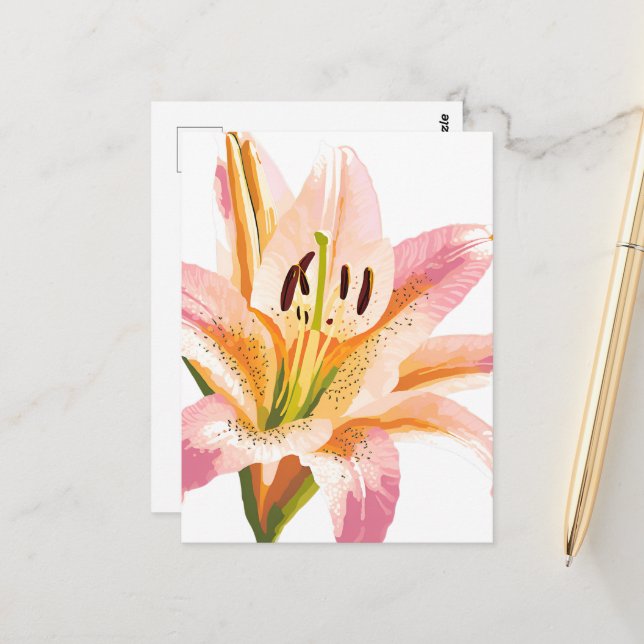 Pink Lily Blume | Aquarellfarbene Blütenmalerei Postkarte (Vorderseite/Rückseite Beispiel)