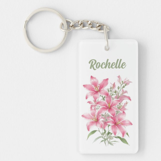 Pink Lily Blume Personalisiert Schlüsselanhänger (Vorderseite)