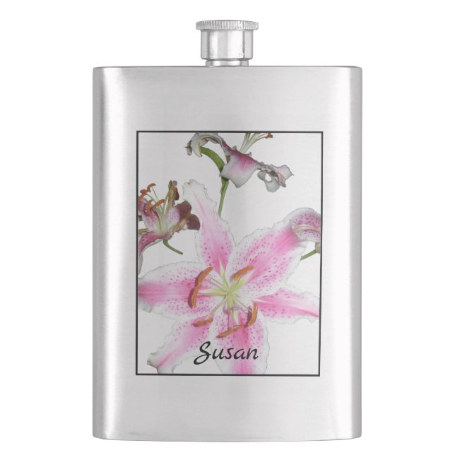 Pink Lily | Delikate Pink Lily Blume auf Silber Flachmann (Vorderseite)
