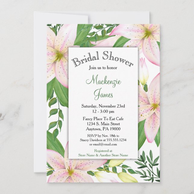 Pink Lily Floral Bridal Dusche Einladung Lilies (Vorderseite)