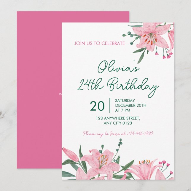 Pink Lily Garden Birthday Party Invitation Einladung (Vorne/Hinten)