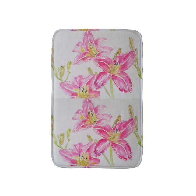 Pink Lily Lilien Aquarellbilder Badematte (Vorderseite Vertikal)