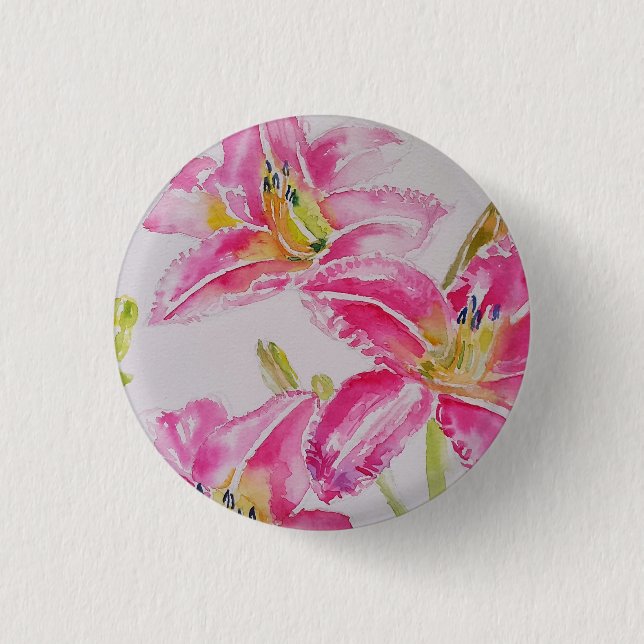 Pink Lily Lilien Aquarellbilder Button (Vorderseite)