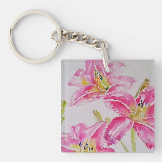 Pink Lily Lilien Aquarellbilder Schlüsselanhänger (Vorderseite)