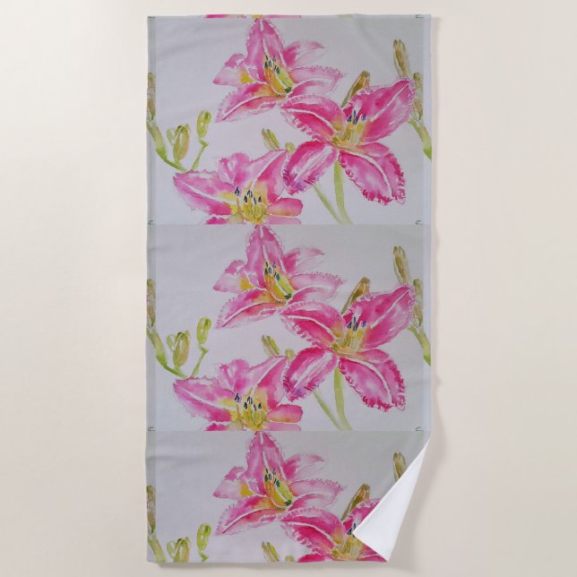 Pink Lily Lilien Aquarellbilder Strandtuch (Vorderseite)