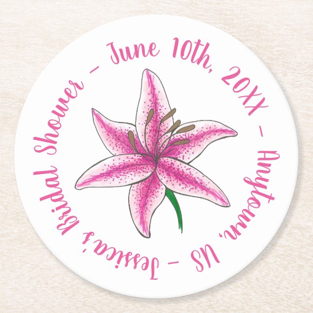 Pink Lily Lilies Blume Floral Personalisiert Brida Runder Pappuntersetzer (Vorderseite)