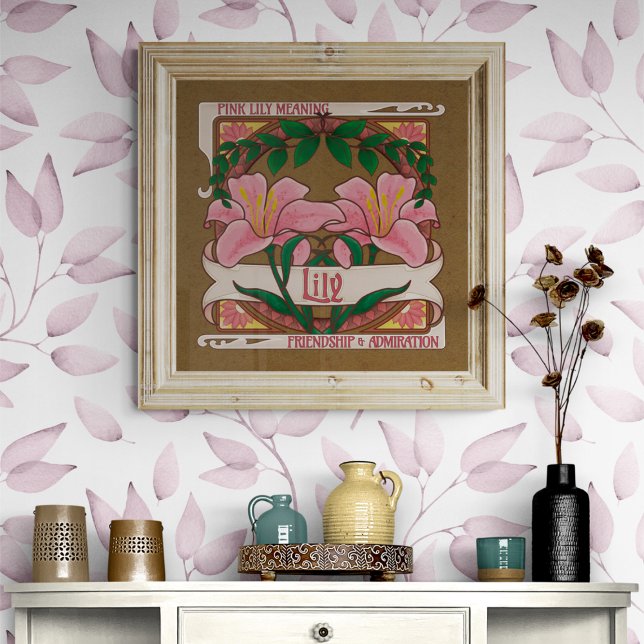 Pink Lily Viktorianische Blume Freundschaftsbewund Poster (Pink Lily Flower Meaning Vintage Style Dark Background Poster - Friendship and Admiration)