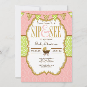 Pink Lime Green Gold Sip Et Voir Invitation