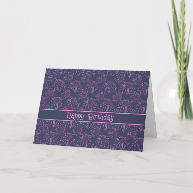 Pink Line Blume Muster Blue Happy Birthday Karte (Vorderseite)