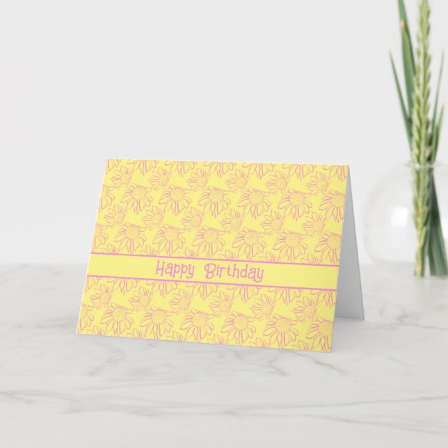 Pink Line Blume Muster Gelbes Glück Geburtstag Karte (Vorderseite)