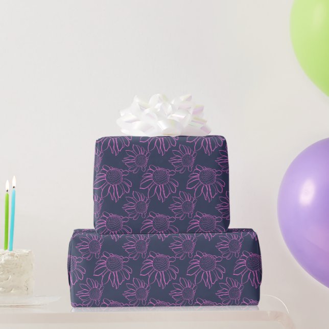 Pink Line Gezeichnet Blume Muster auf blau Geschenkpapier (Partygeschenke)