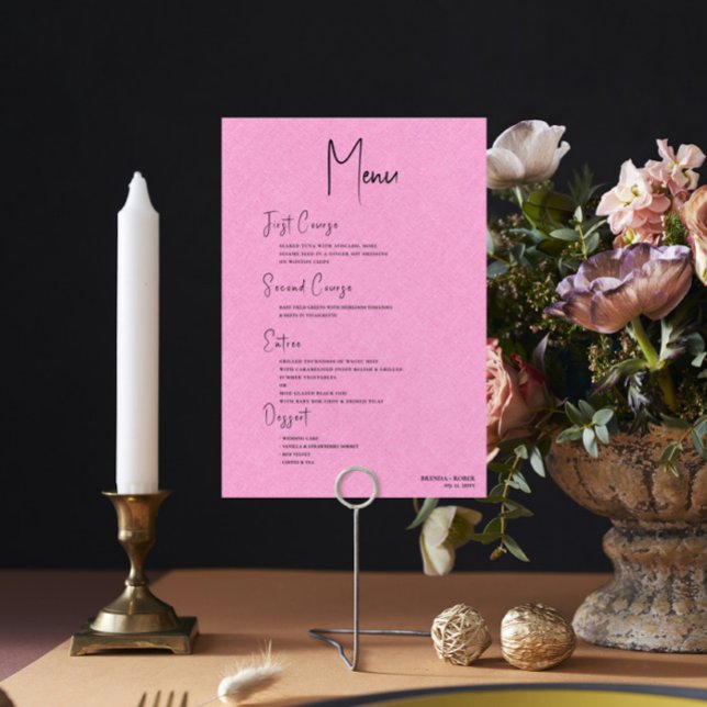 Pink Linen Einfaches Black Script Wedding Menu Einladung (Von Creator hochgeladen)
