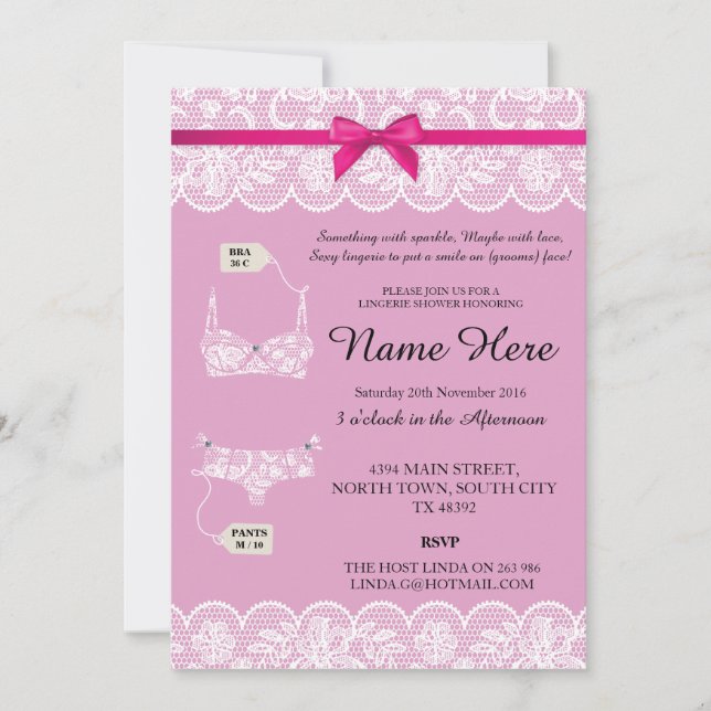 Pink Lingerie Dusche Brautparty Lace Bow lädt ein Einladung (Vorderseite)