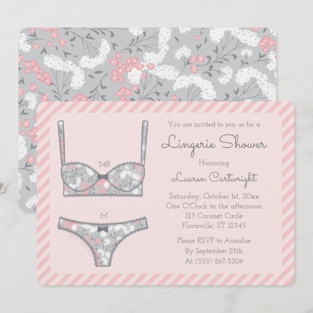 Pink Lingerie Dusche Graue Blume Einladung (Vorne/Hinten)