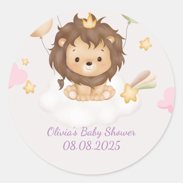 Pink lion girl baby shower runder aufkleber (Vorderseite)