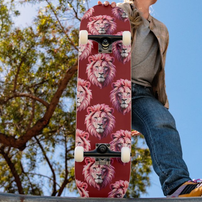 Pink Lion Head Animal Pattern Design Red  Skateboard (Von Creator hochgeladen)