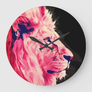 Pink Lion Majesty auf schwarzer Leinwand Große Wanduhr