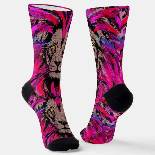 Pink Lion Socks - Löwenfassportrait - Löwenkopf Socken (Gewinkelt)