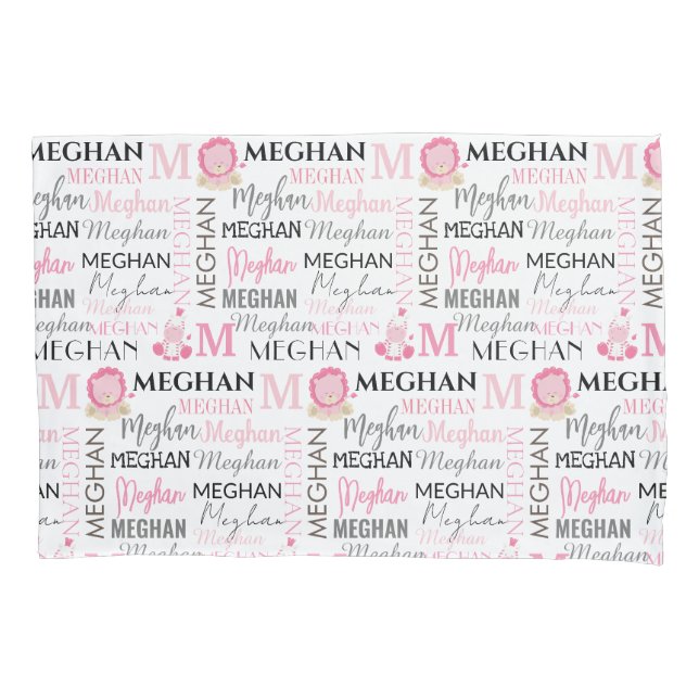 Pink Lion und Zebra mit Name und Monogramm Muster Kissenbezug (Vorderseite)